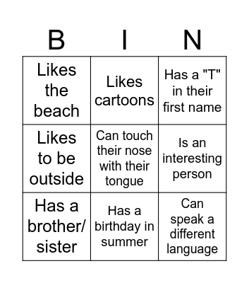 Ice Breaker Adolescent Bingo Card