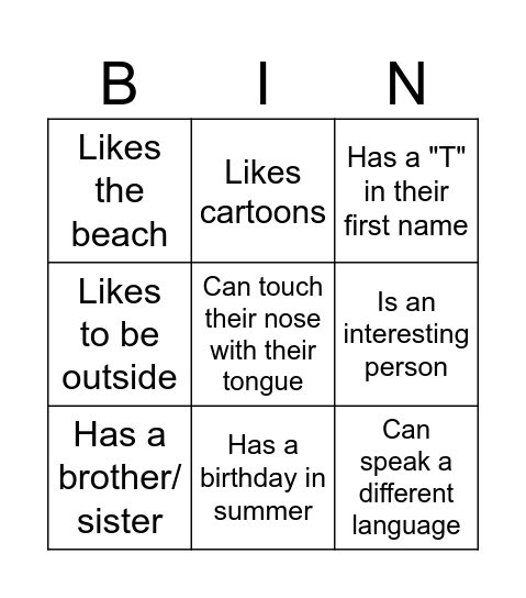 Ice Breaker Adolescent Bingo Card