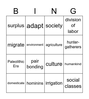 World's Early People Bingo Card
