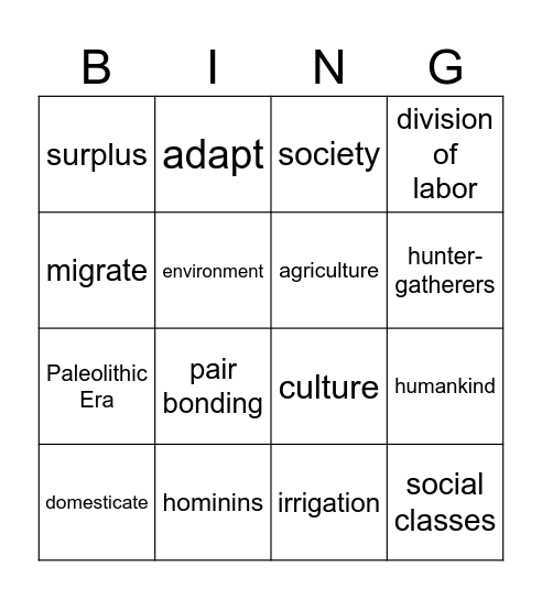 World's Early People Bingo Card