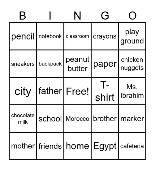 Nouns Bingo Card