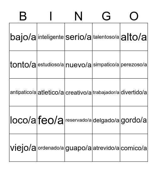 Adjetivos Bingo Card