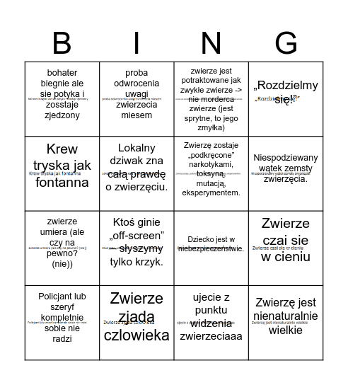ZABOJCZE ZWIERZETA Bingo Card