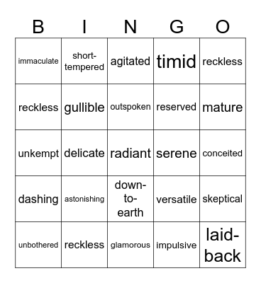 Advanced Adjectives Bingo Card Bingo Card