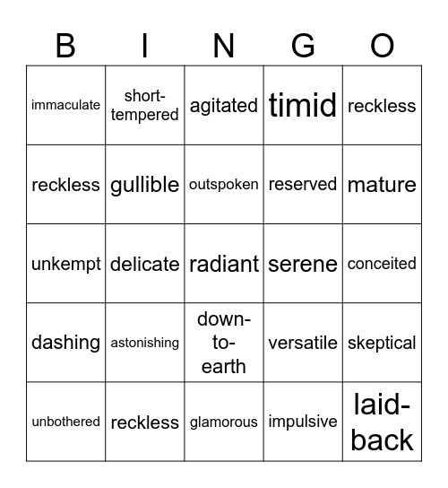 Advanced Adjectives Bingo Card Bingo Card