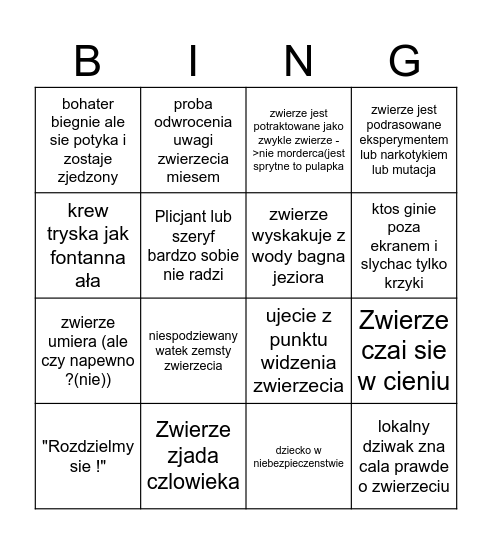 zabojcze zwierzeta Bingo Card