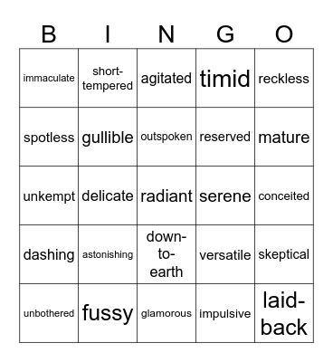 Advanced Adjectives Bingo Card Bingo Card