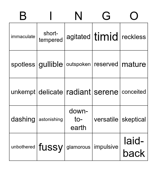 Advanced Adjectives Bingo Card Bingo Card