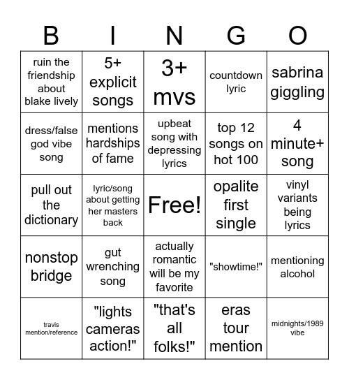 the life of a show girl predictions Bingo Card