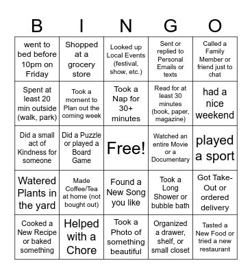 How was your weekend? Bingo Card