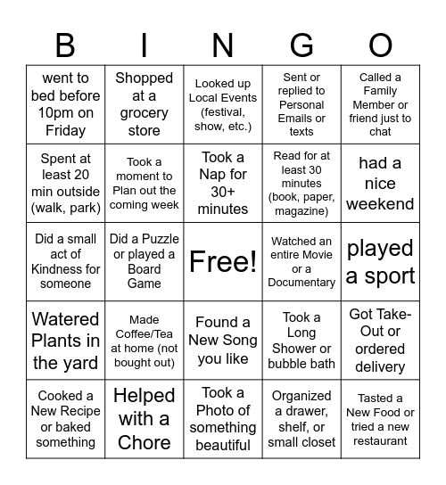 How was your weekend? Bingo Card