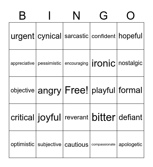 Author's Tone Bingo Card