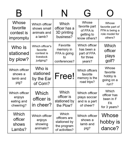 Imperial FFA Officer Bingo Card