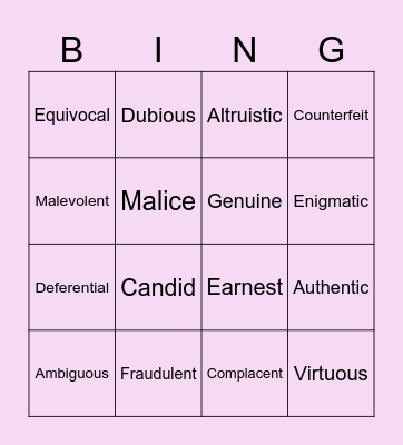 SAT Vocabulary Practice Bingo Card