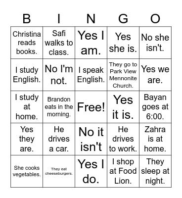 Women's English Class Bingo Card