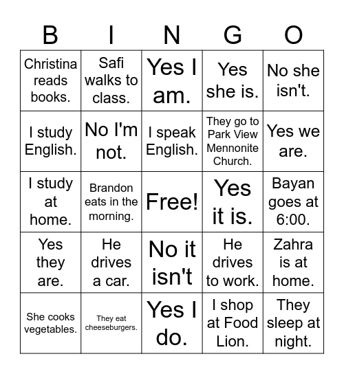 Women's English Class Bingo Card