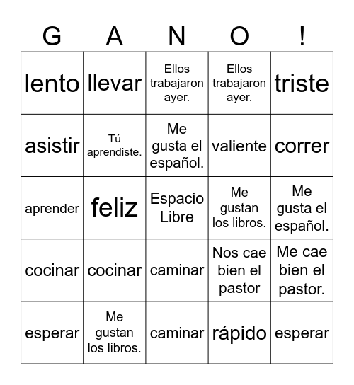 Spanish 2 Vocab 2A Bingo Card