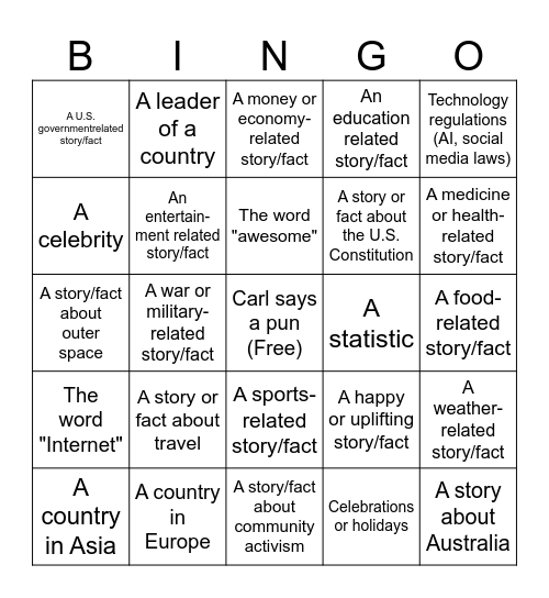 CNN STUDENT NEWS BINGO Card