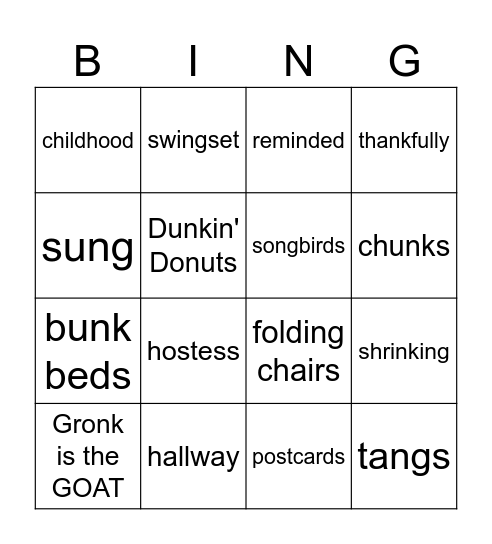 Family Word Bingo Card