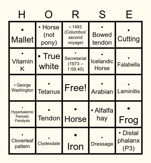Equine & Wine - Round 1 Bingo Card