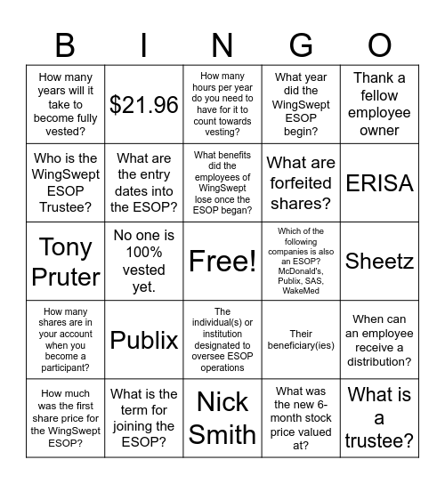 ESOP Bingo! Bingo Card