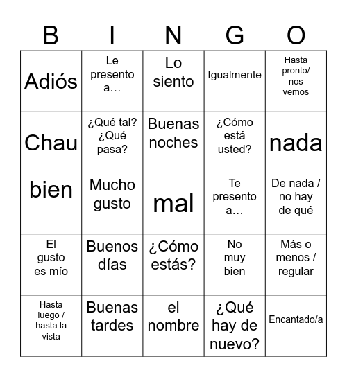 Lección 1 - Vocabulario Bingo Card