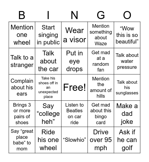 What dad will do on trip Bingo Card