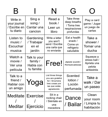 Coping Skills BINGO Card