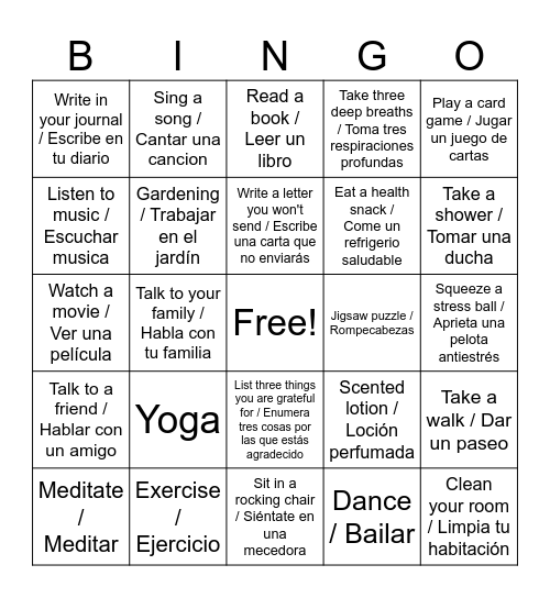 Coping Skills BINGO Card
