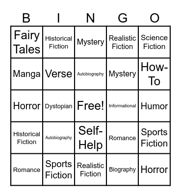 Book Genres Bingo Card