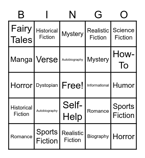 Book Genres Bingo Card