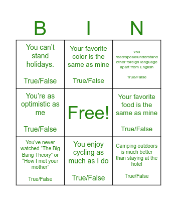 Interests Bingo Card