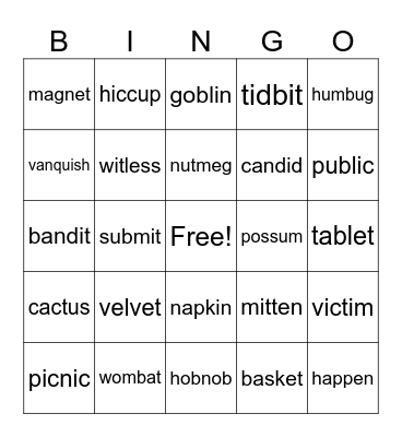 Syllabication Bingo Card