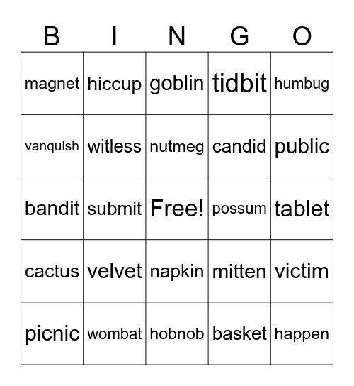 Syllabication Bingo Card