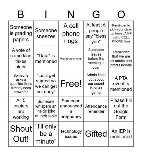 REES Faculty Meeting BINGO Card