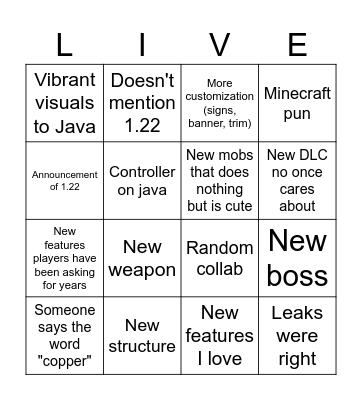 Minecraft Live Bingo! Bingo Card