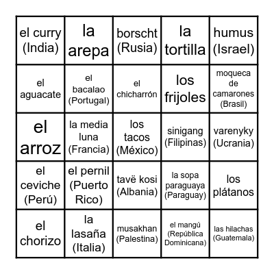 Los platos típicos y alimentos tradicionales Bingo Card