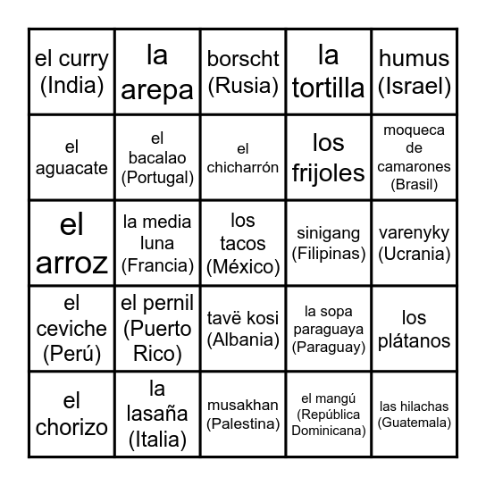 Los platos típicos y alimentos tradicionales Bingo Card