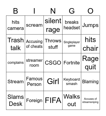 Gamer Rage Bingo Card