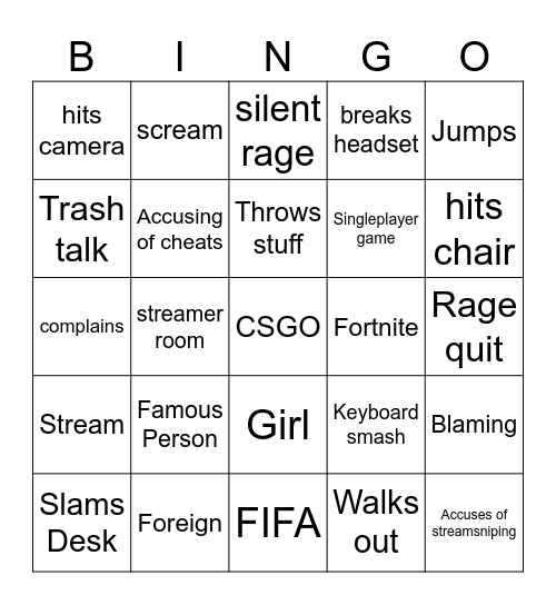 Gamer Rage Bingo Card