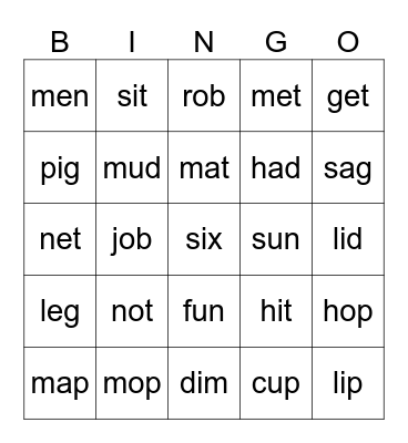 Short vowel words Bingo Card
