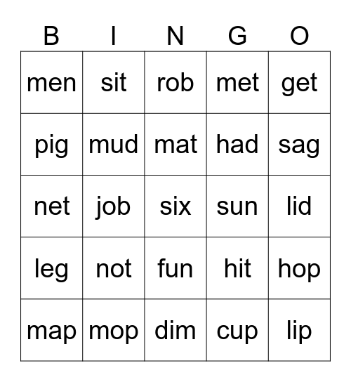 Short vowel words Bingo Card