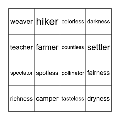 Suffix Bingo Card