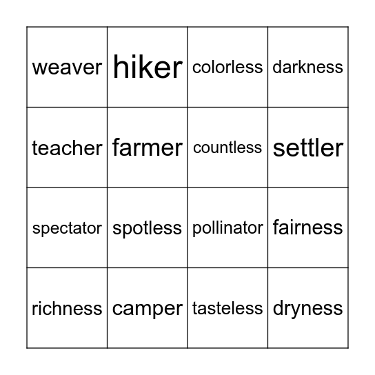 Suffix Bingo Card