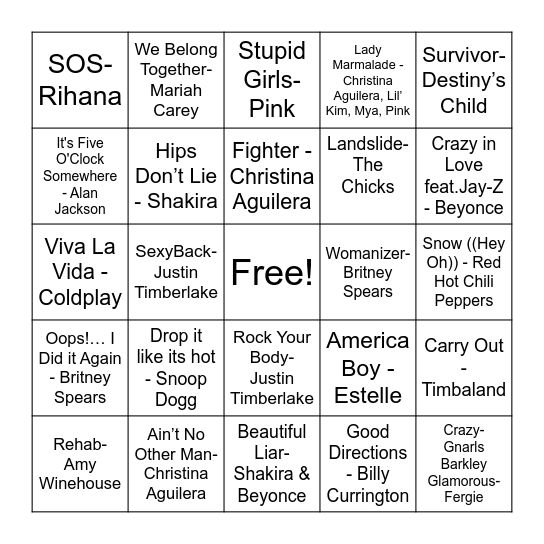 2000's Bingo Card