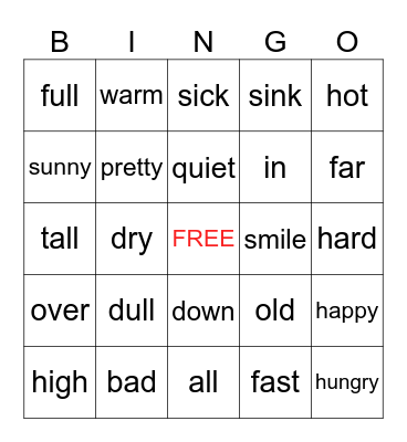 Antonym Bingo Card