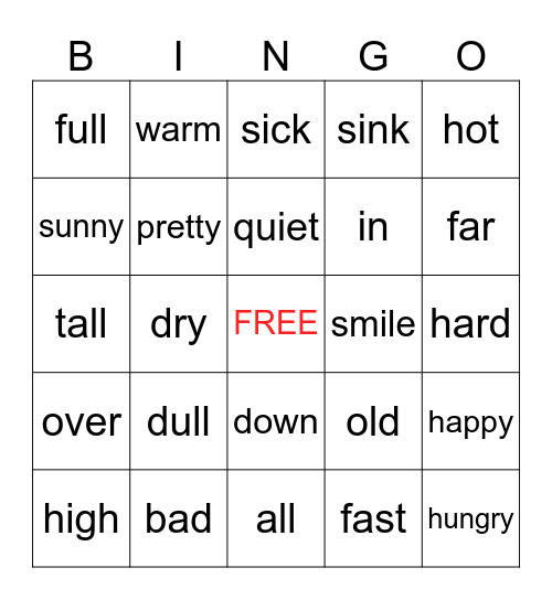 Antonym Bingo Card