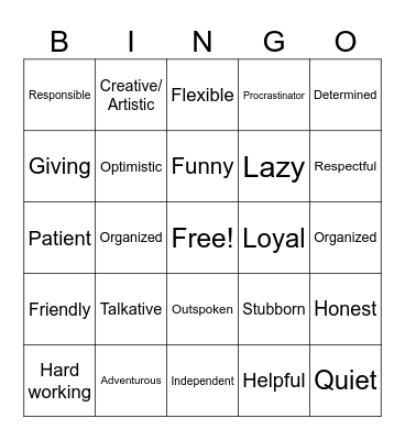 Personality BINGO Card