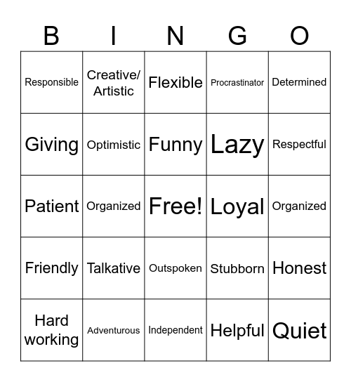 Personality BINGO Card