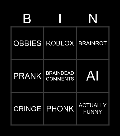 YT SHORTS BINGO Card